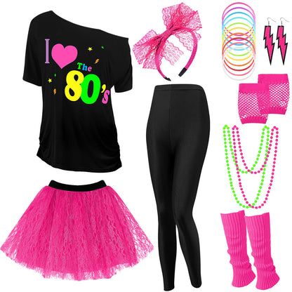 Vabean 19 Pcs 80s Costume Set T Shirt Leggings Tutu Skirt Headband Necklace Bracelets Earrings Gloves Leg Warmers for Women