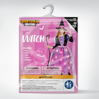 Spooktacular Creations Witch Costume Kids, Light Up Halloween Costumes Witch Dress with Hat and Broom for Girls, Sweet Wizard Set for Toddler Scary Halloween Themed Parties, Pink, S
