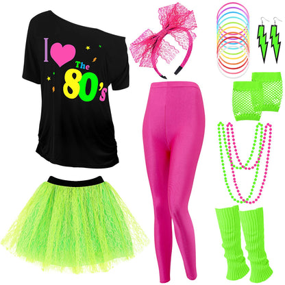 Vabean 19 Pcs 80s Costume Set T Shirt Leggings Tutu Skirt Headband Necklace Bracelets Earrings Gloves Leg Warmers for Women