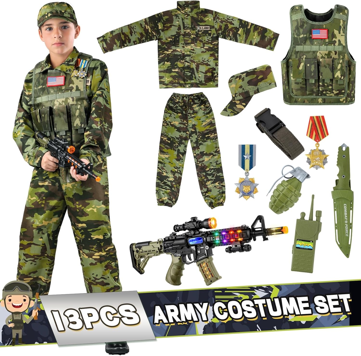 Kids Army Costume for Boys, Military Soldier Costume with Army Toys, Boys Halloween Costume with Vest Solider Boy