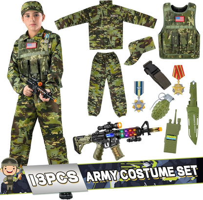 Kids Army Costume for Boys, Military Soldier Costume with Army Toys, Boys Halloween Costume with Vest Solider Boy