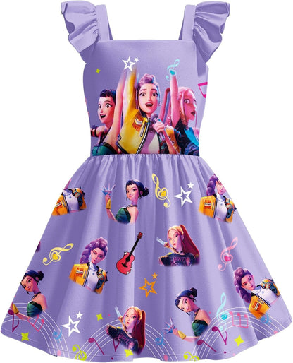 Girls Demon Hunters Costume Flutter Sleeve Dress Halloween Pop Singer Cosplay Dress up