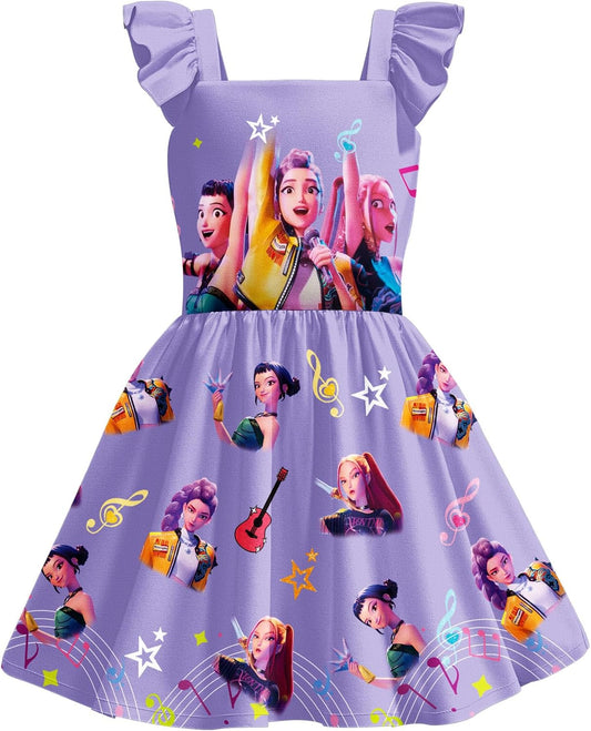 Girls Demon Hunters Costume Flutter Sleeve Dress Halloween Pop Singer Cosplay Dress up