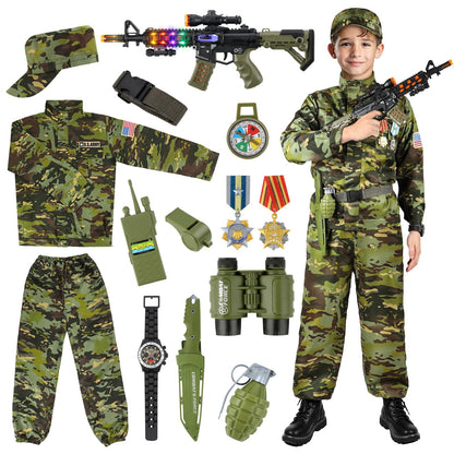 Kids Army Costume for Boys, Military Soldier Costume with Army Toys, Boys Halloween Costume with Vest Solider Boy