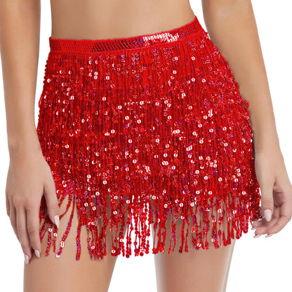 Women's Sequin Tassel Skirts Rave Fringe Hip Scarf for Festival