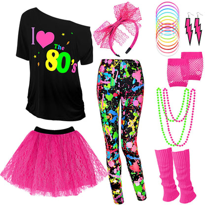 Vabean 19 Pcs 80s Costume Set T Shirt Leggings Tutu Skirt Headband Necklace Bracelets Earrings Gloves Leg Warmers for Women