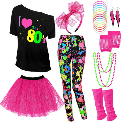 Vabean 19 Pcs 80s Costume Set T Shirt Leggings Tutu Skirt Headband Necklace Bracelets Earrings Gloves Leg Warmers for Women