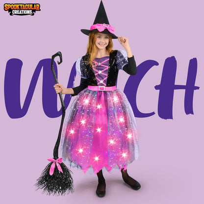 Spooktacular Creations Witch Costume Kids, Light Up Halloween Costumes Witch Dress with Hat and Broom for Girls, Sweet Wizard Set for Toddler Scary Halloween Themed Parties, Pink, S