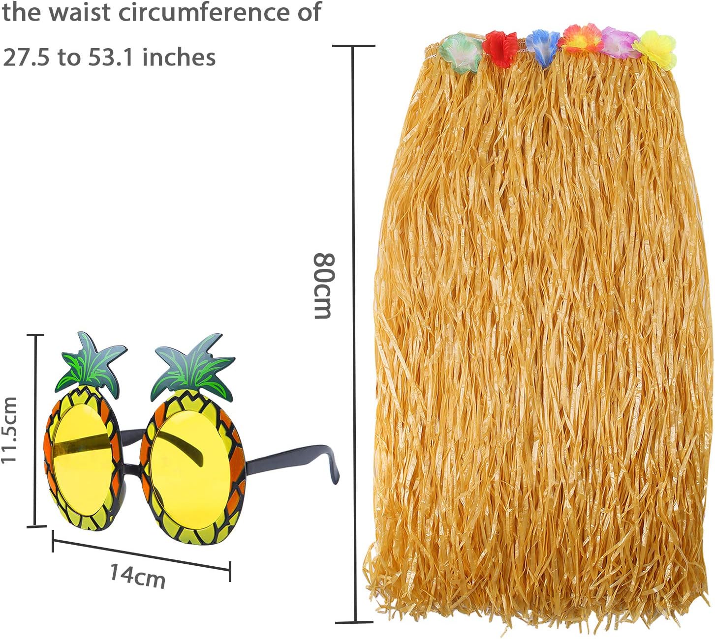 Elcoho 8 Pieces Grass Skirt Sunglasses Leis Necklace Bracelet Set Luau Decorations for Kids and Adults