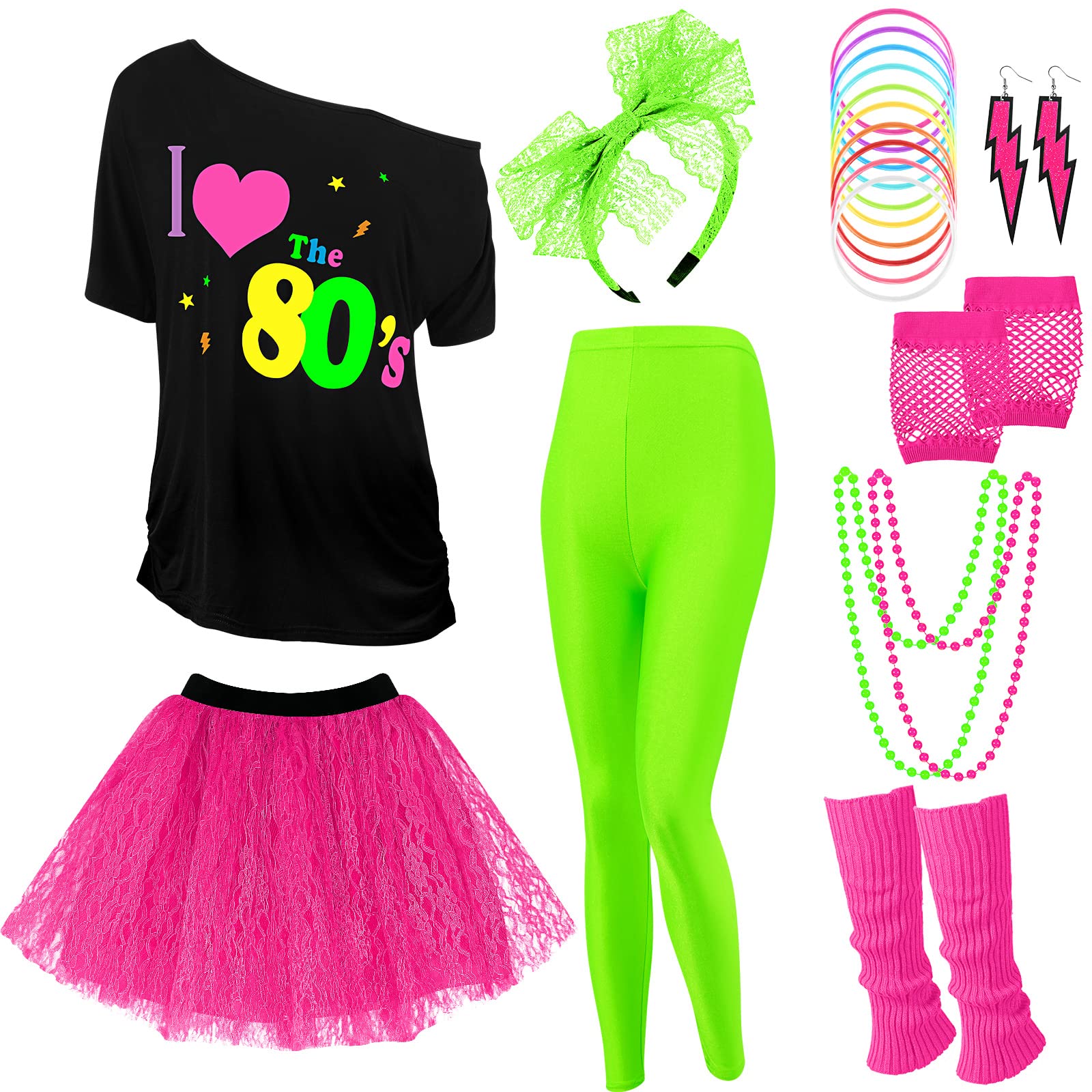 Vabean 19 Pcs 80s Costume Set T Shirt Leggings Tutu Skirt Headband Necklace Bracelets Earrings Gloves Leg Warmers for Women