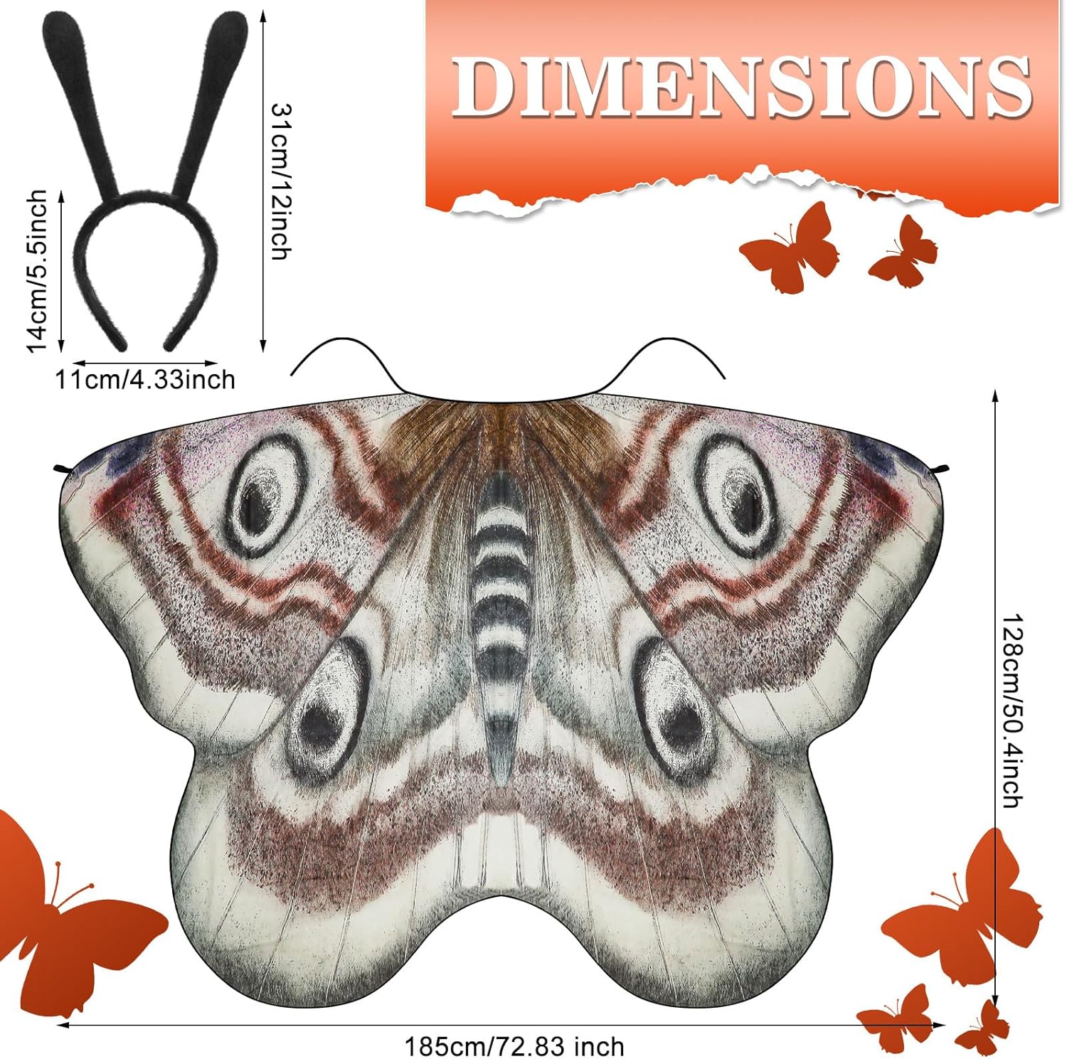 Yinder 2 Pcs Halloween Moth Wings Costume Butterfly Shawl Moth Wing Cape Costume Accessory with Headband 72.83 x 50.39 Inch