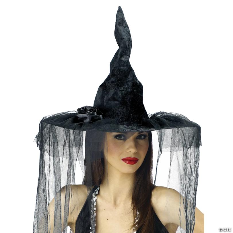 Deluxe Black Velour Witch Hat with Rose & Veil – Adult Halloween Hat