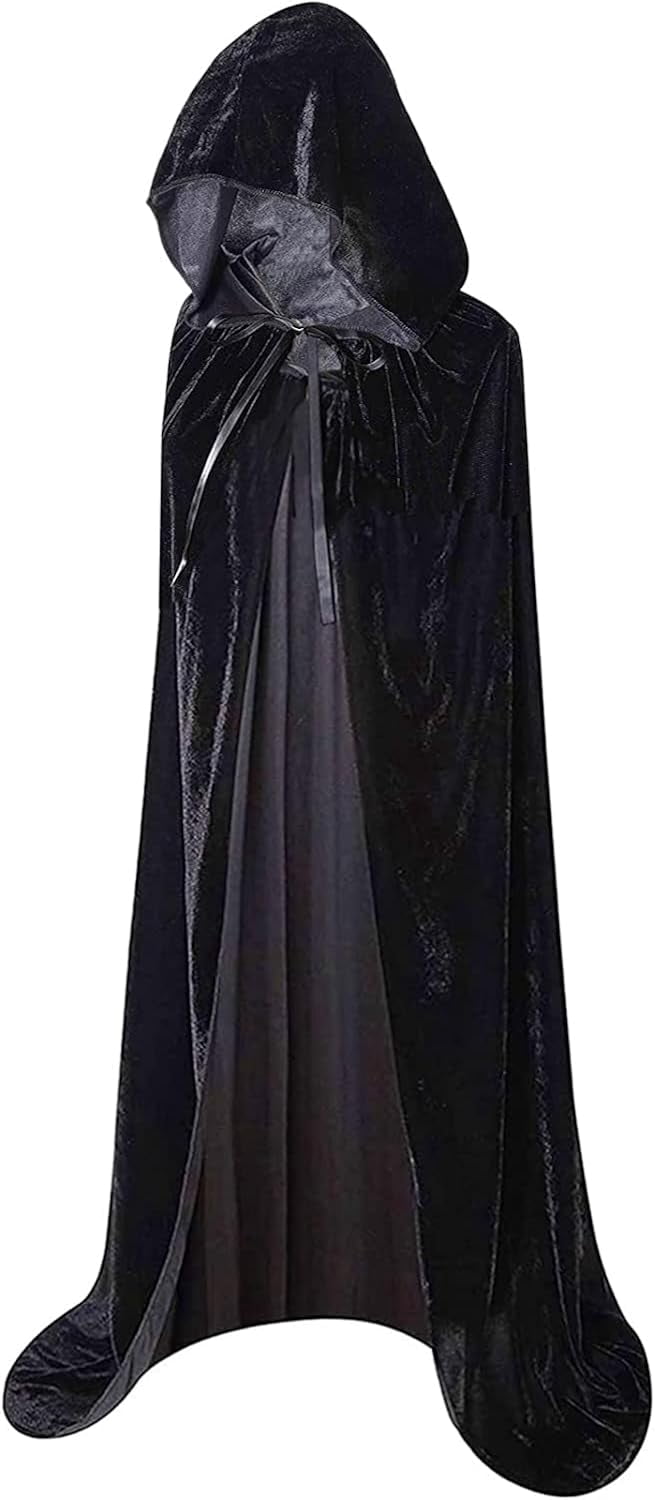 Velvet Hooded Cloak 55" – Long Black & Red Halloween Cape with Hood